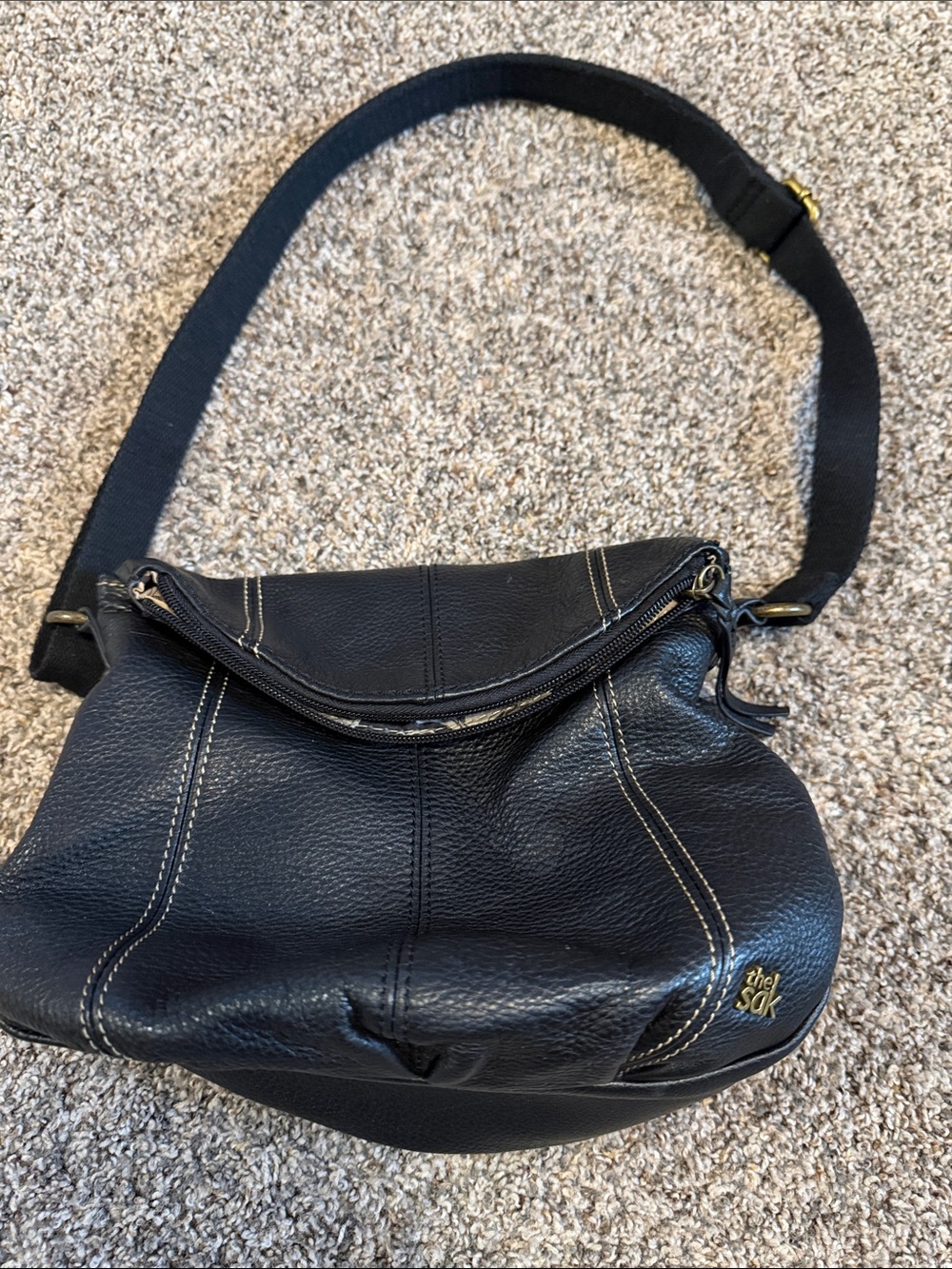 The Sak Black Pebbled Leather Shoulder Bag with Contrast Stitching